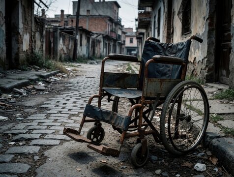 Abandoned broken wheelchair sits on cobblestone street in rundown urban alley. Dilapidated buildings and debris surround disused medical equipment, highlighting poverty and social issues.
