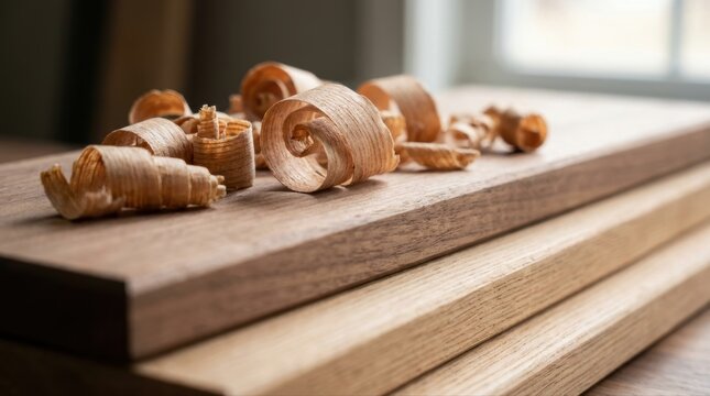 Wood shavings scattered on freshly planed wooden planks, showing the texture and grain of the material from carpentry work