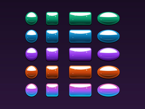 Collection of colorful glossy 3d buttons in square circle and rectangle shapes isolated on dark purple background set
