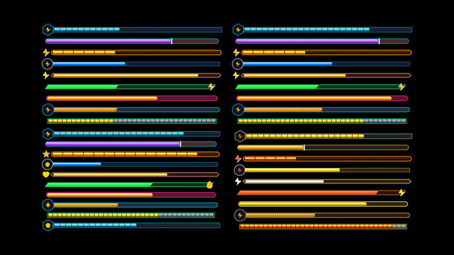 Two columns of colorful dotted horizontal progress bars with bullet points isolated on black background for infographic