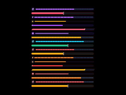 Set of twelve colorful horizontal progress bars with dotted texture and diamond ends isolated on black