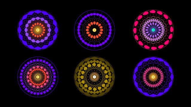 Collection of colorful ethnic mandala art with circular dot pattern and ornate details on black