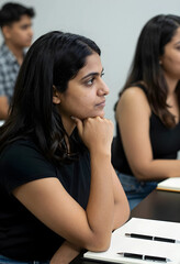 Fototapeta premium Student learning and education concept, young woman listening attentively in a classroom or seminar, focused on academic growth