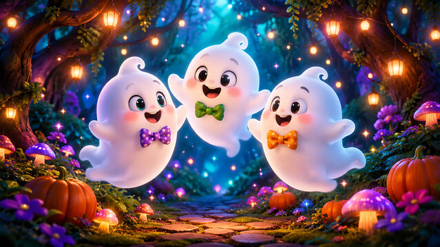 Cute Magical Ghost Characters Celebrating in Enchanted Fantasy Forest with Glowing Lanterns