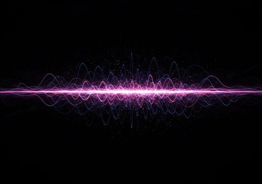Abstract dark background featuring complex energetic waves and vibrations spreading outwards, symbolizing profound depth and auditory power ,wave ,surface ,movement