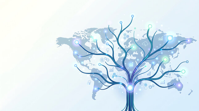 Glowing digital tree growing over a global map background with technology