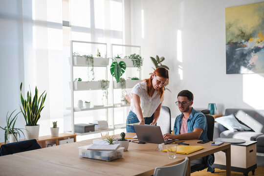 A man and a woman collaborate on a project while looking at a laptop computer in a bright home office filled with green plants. They work together on their task.