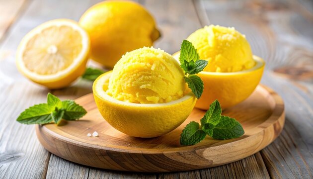 Lemon and Mint Ice Cream with Fresh Lemon Slices, Refreshing Citrus Dessert with Juicy Yellow Lemon and Green Mint Leaves, Isolated on White Background