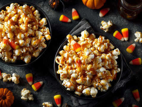 Halloween themed popcorn with caramel drizzle and candy corn served in black bowls, festive party styling, premium stock photography, no people