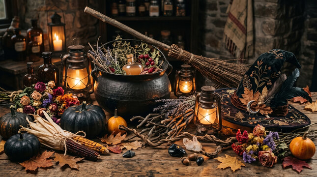 Mystic witch workspace with cauldron and magical autumn decorations