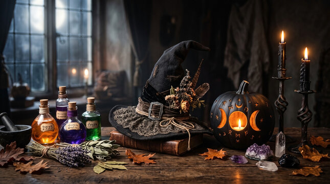 Witch hat and carved moon pumpkin with magic potions for halloween