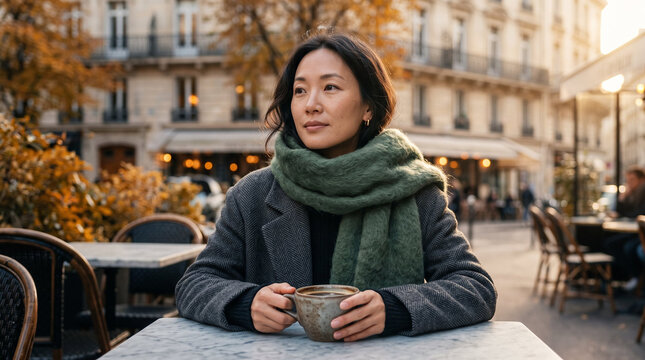 Serene East Asian woman holding coffee cup and wearing green scarf, sitting at outdoor cafe against autumn city street backdrop