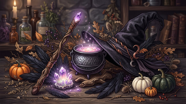Witch workspace with bubbling cauldron and magical staff