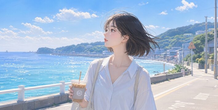 Anime style illustration of a young woman with iced coffee walking along a Japanese coastal road on a sunny summer day