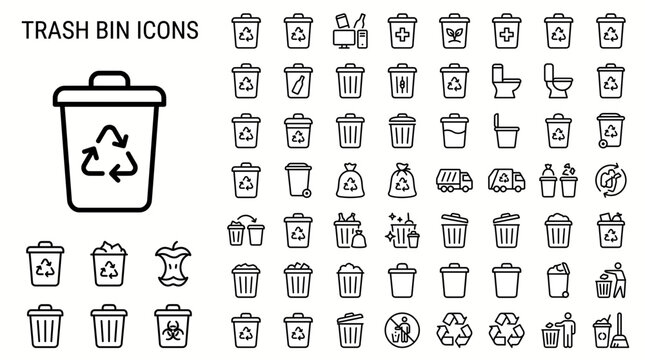 Set of trash bin icons, thin line style, vector illustration collection of various garbage cans, recycling symbols, waste management, and cleaning icons for web and mobile design