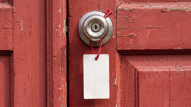 Blank Tag on Rusty Door: A close-up shot of an old, weathered red door with a tarnished doorknob. A blank white tag hangs from the knob, waiting to be filled, hinting at a message or a stay.