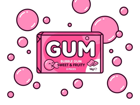 Pink Chewing Gum Pack Surrounded By Playful Floating Bubbles Representing Sweet Fruity Flavor To Promote Candy Retail Sales And Consumer Marketing Trends For Refreshing Confectionery Product