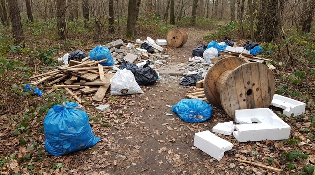 Illegal Dumping in Forest Path: A dirt path through a wooded area is strewn with garbage, including blue and white trash bags, broken wood, concrete debris, and old spools.