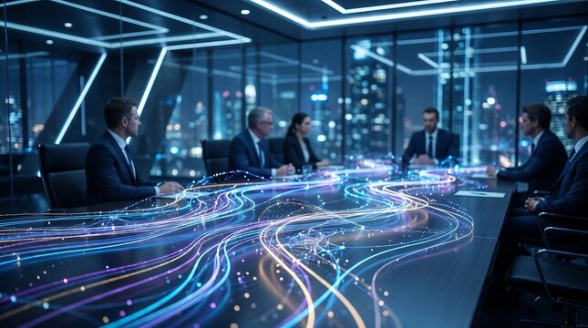 Professional business team in a modern boardroom at night with glowing digital data network lines connecting participants during a meeting