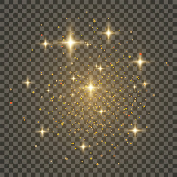 Gold glittering dust with stars on transparent backdrop