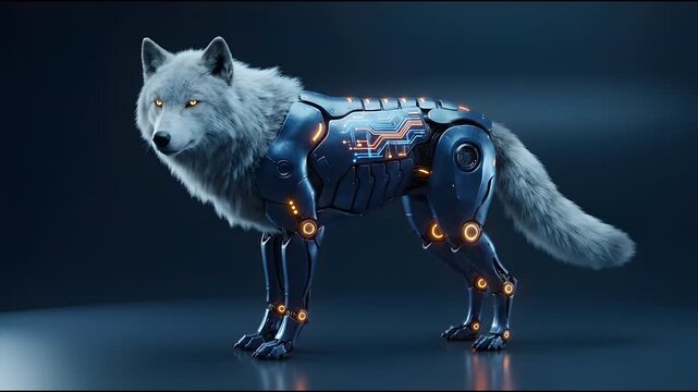 Futuristic White Cybernetic Wolf with Glowing Orange Joints and Circuit Body Armor