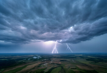 Naklejka premium Climate change and extreme weather, powerful lightning strike over vast rural landscape with dark storm clouds