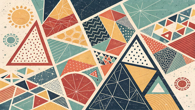 Abstract geometric composition with triangles circles and vintage texture patterns in colorful retro style.