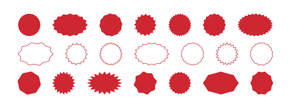 Sticker sale, label round shape. Star burst badge, price tag flat, line icon. Red circle and ellipse promo offer, wave zig zag advertising element set isolated on white background. Vector illustration