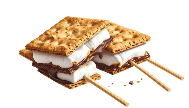 Close-up of two classic s'mores on wooden skewers, showing toasted graham crackers, gooey chocolate, and fluffy marshmallows