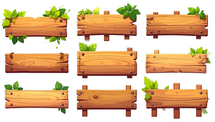 Fototapeta premium Collection of various cartoon-style wooden signs, adorned with green leaves, suitable for announcements and decorations