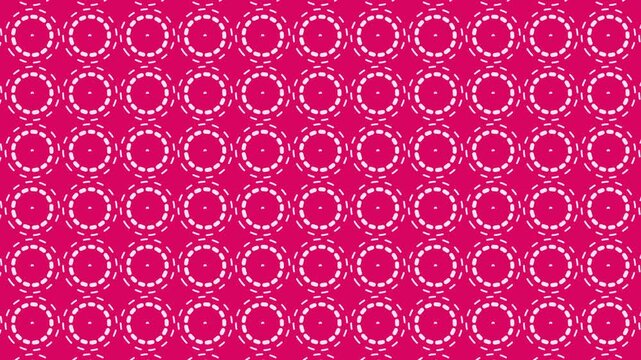 Animated abstract Op-Art pattern featuring three staggered expanding and rotating circular rings with dashed lines on a vivid pink background. Ideal for optical illusion visuals, motion backgrounds.