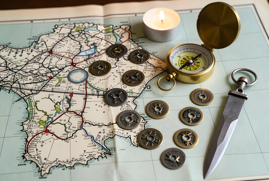 Adventure and exploration concept vintage map with compass candle and ancient coins for travel planning and discovery