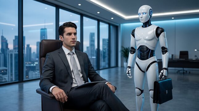 Professional businessman sitting with humanoid robot assistant in modern office with city skyline view during evening