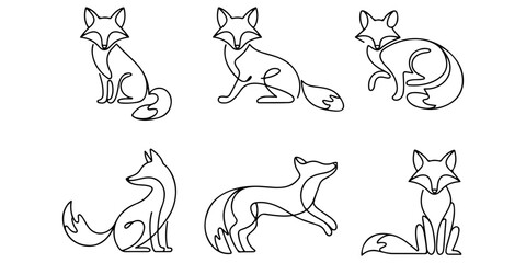 Obraz premium Set of minimal continuous line art vector illustrations featuring graceful foxes in various poses.