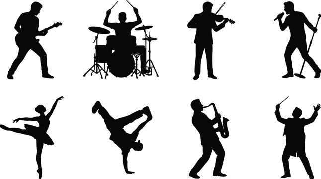 Music and dance performance silhouettes showing musicians, singers, dancers, and conductors expressing creativity and artistic movement