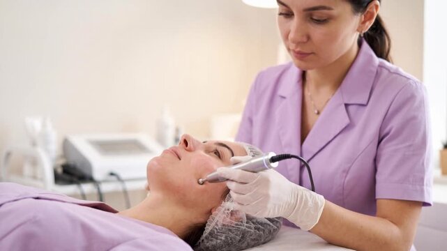 Professional cosmetologist performing a comprehensive aesthetic session featuring botox, mesotherapy, dermastamp, laser hair removal, facial cleansing, hydra facial, massage, and chemical peeling to r