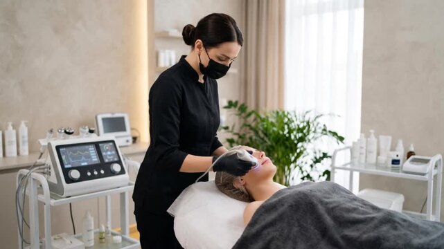 Professional esthetician using a dermastamp on a client during a skin rejuvenation treatment in an aesthetic clinic, offering botox, mesotherapy, hydra facial, massage, and peeling services.