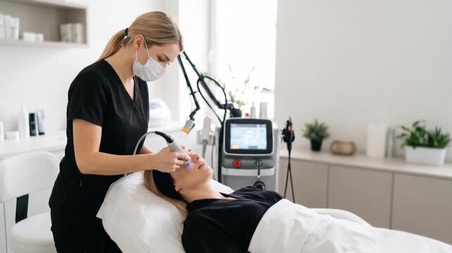 Professional esthetician using a dermastamp on a client during a skin rejuvenation treatment in an aesthetic clinic, offering botox, mesotherapy, hydra facial, massage, and peeling services.