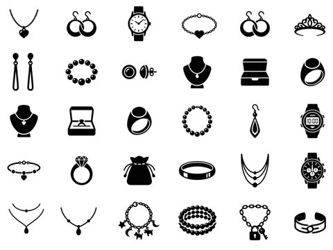 Jewelry and accessories silhouette icon collection with necklaces bracelets rings earrings watches and gift box