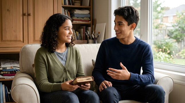 Siblings, young adults and talking on sofa with book for story, education and family bond. Happy people, brother and sister in home with conversation, learning and friendship for social media ads.