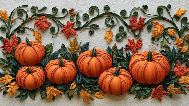 Halloween paper quilling concept. Decorative autumn pumpkins with fall leaves and wrought iron scrollwork.