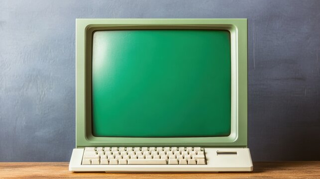 Vintage computer terminal with a blank green screen and keyboard