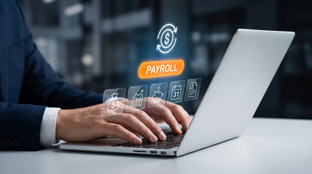 Payroll salary accountant laptop finance business office payroll salary processing with. hr employee compensation payment pay. finance accounting management planning system, money income earning