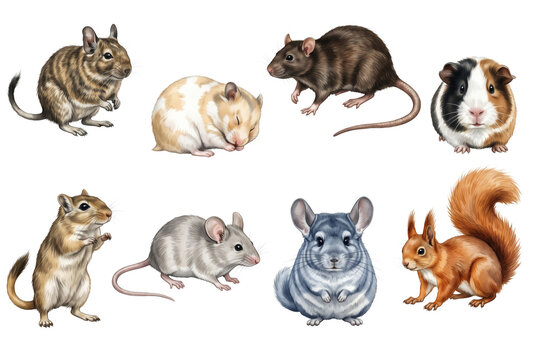 Collection of Eight Realistic Watercolor Rodents