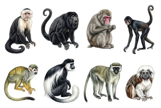 Collection of Eight Realistic Watercolor Monkeys