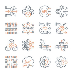 Fototapeta premium Data pipeline and API integration vector icon set for software development