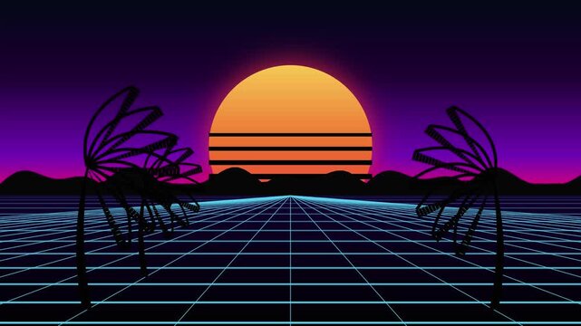 Retro Synthwave Landscape with Neon Palm Silhouettes and Sunset