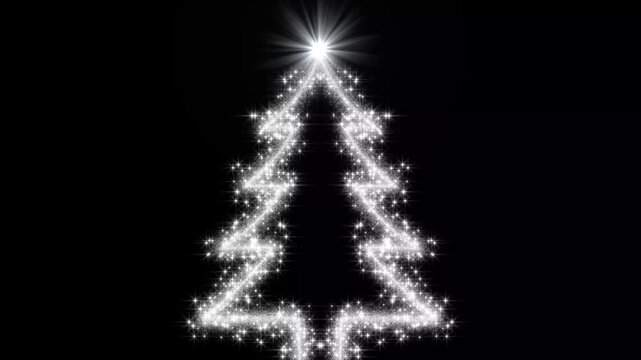 Dazzling silver particle zigzag lines building a festive holiday fir tree on black background in 4K