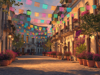 Naklejka premium Historic Mexican colonial street decorated for Independence Day, colorful papel picado, festive lanterns, flower pots, warm golden hour, empty street, ultra realistic, highly detailed