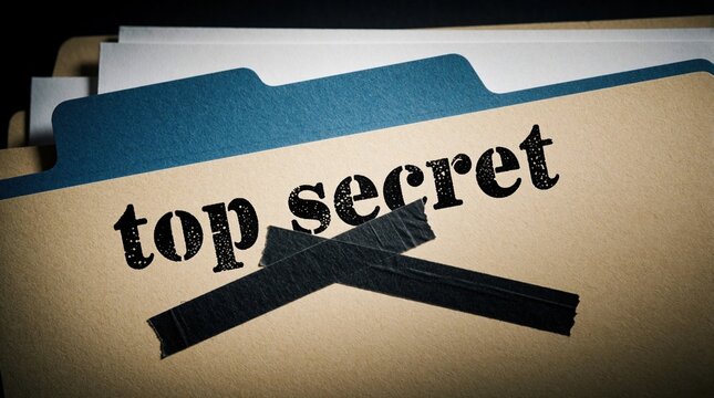Folder marked top secret sealed with black tape. Confidential documents stored inside for secure filing. Classification for sensitive information.